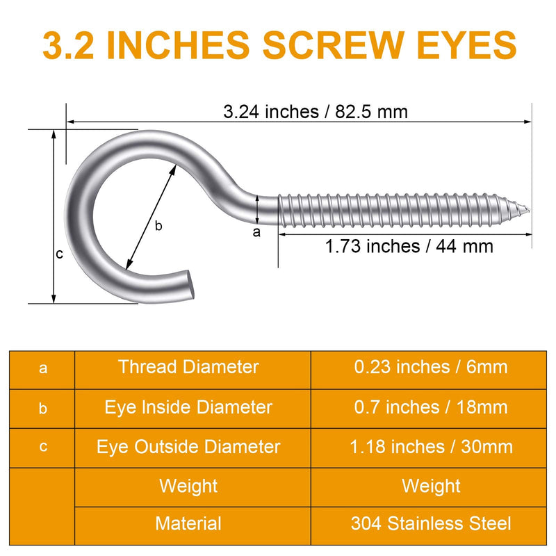 Pack of 12 M6 Metal Hooks, heavy-duty304 Stainless Steel Screw Hooks, self-Tapping Eye-Ring Bolt Hooks, Wooden Terminal Eye-Hole Hooks, Pendant Lights and Wires, Strong Indoor and Outdoor(3.2"X12PCS) 3.2"X12PCS - BeesActive Australia