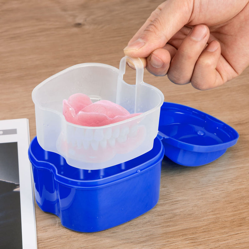 Heveer Denture Bath Case Dental Retainer Box Portable Denture Container with Strainer for False Teeth Storage Soaking Cleaning Dark Blue - BeesActive Australia