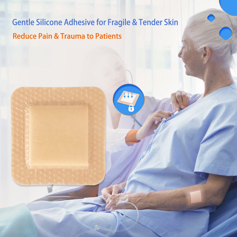 Silicone Adhesive Foam Dressing with Gentle Border 3''x3'', Bed Sore Pressure Ulcer Leg Ulcer Silicone Wound Bandage, High Absorbency Waterproof, 10 Pack by NeueHaut - BeesActive Australia