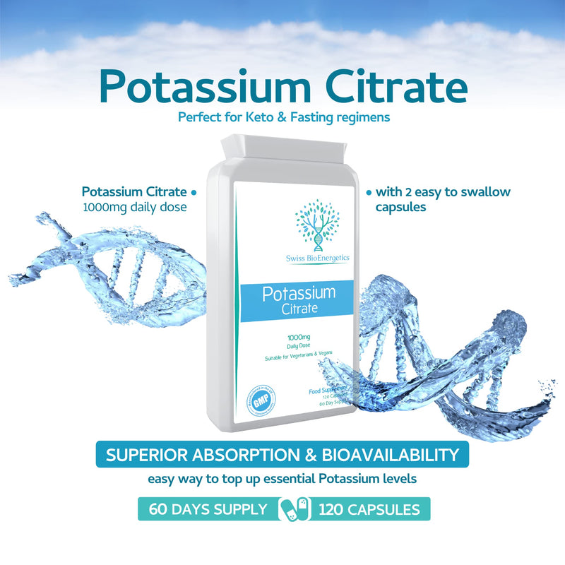 Potassium Citrate 1000mg Daily dose, 120 Vegan Capsules - High Strength Electrolytes Support with Superior bioavailability & Absorption - Great for Keto and Fasting - No Dairy or Gluten - UK Made - BeesActive Australia