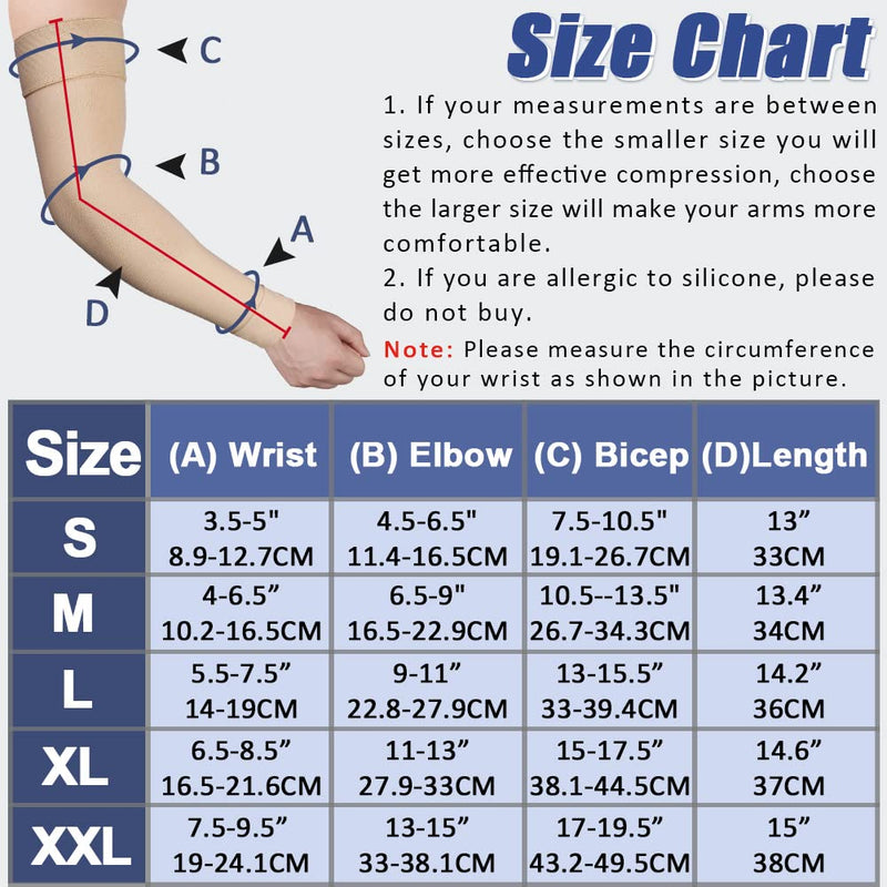 beister Medical Compression Arm Sleeve for Men & Women （Single）, 20-30 mmHg Graduated Compression Full Arm Support with Silicone Band for Lymphedema, Varicose Veins, Swelling, Arm Injury, Sports Beige Large - BeesActive Australia