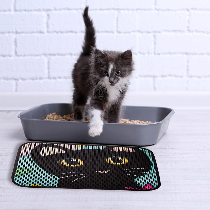 FOREVERPETSUPPLIES Cat Litter Mat 24"x16", Litter Box Mat Large, Double Layer Litter Trapping Mat, Water & Urine Proof Kitty Litter Mat for Litter Box, Colorful Kitty Design Cat Mat Black - BeesActive Australia