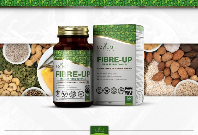 Ezyleaf Fibre-UP Psyllium Husk Capsules | Multi Fibre Supplement + Probiotics & Prebiotics | Inulin, Glucomannan, Acidophilus Probiotic, Acacia Fibre, Peppermint 120 Caps | Non-GMO Vegan Allergen Free - BeesActive Australia