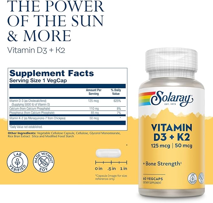 Vitamin D3 & K2 5000IU 60 Vegetable Capsules Solaray - BeesActive Australia