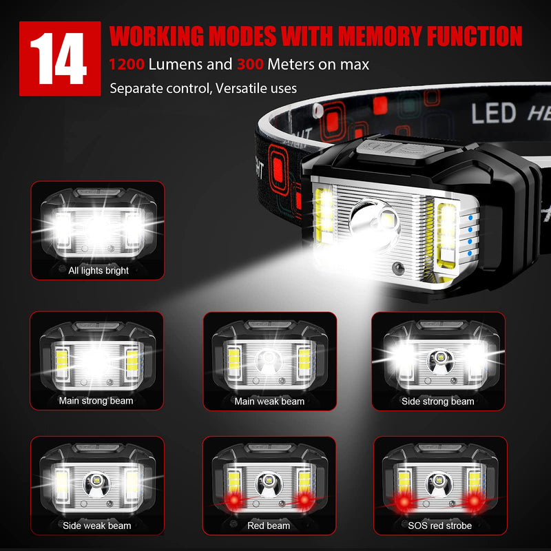 Headlamp Rechargeable, JNDFOFC 1200 Lumen Super Bright Motion Sensor LED Head Lamp flashlight, 2 PACK Waterproof Headlight with White Red Light,14 Modes Head Lights for Outdoor Camping Fishing Running - BeesActive Australia