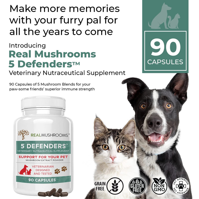 Real Mushrooms 5 Defenders for Pets (90ct) and Lions Mane for Pets (120ct) - Bundle for Immune Strength & Cognition - Vegan, Non-GMO, Gluten-Free, Grain-Free Mushroom Pet Supplements - BeesActive Australia