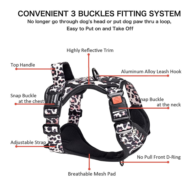 Petmolico No Pull Dog Harness Set, 2 Leash Attchment Easy Control Handle Reflective Vest Dog Harness and Leash Set with Poop Bag Holder Including Free Waste Bag for Small Medium Large Dogs Leopard - BeesActive Australia