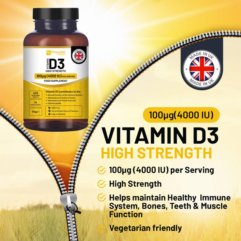 Vitamin D3 4000 IU High Strength I 425 Vegetarian Tablets (14 Months Supply) I Easy Swallow Vitamin D3 Supplement for Immune Support, Calcium Boost, Bone & Muscle I Vitamin D Made in the UK by Prowise - BeesActive Australia