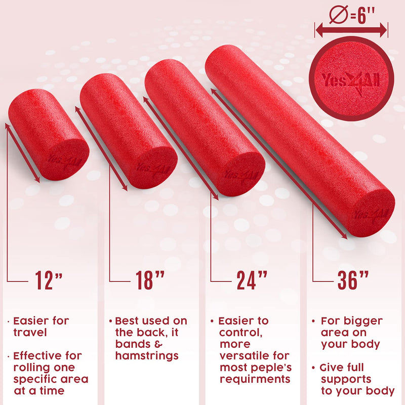 Yes4All Premium Medium Density Round PE Foam Roller for Physical Therapy Red 24-inch - BeesActive Australia