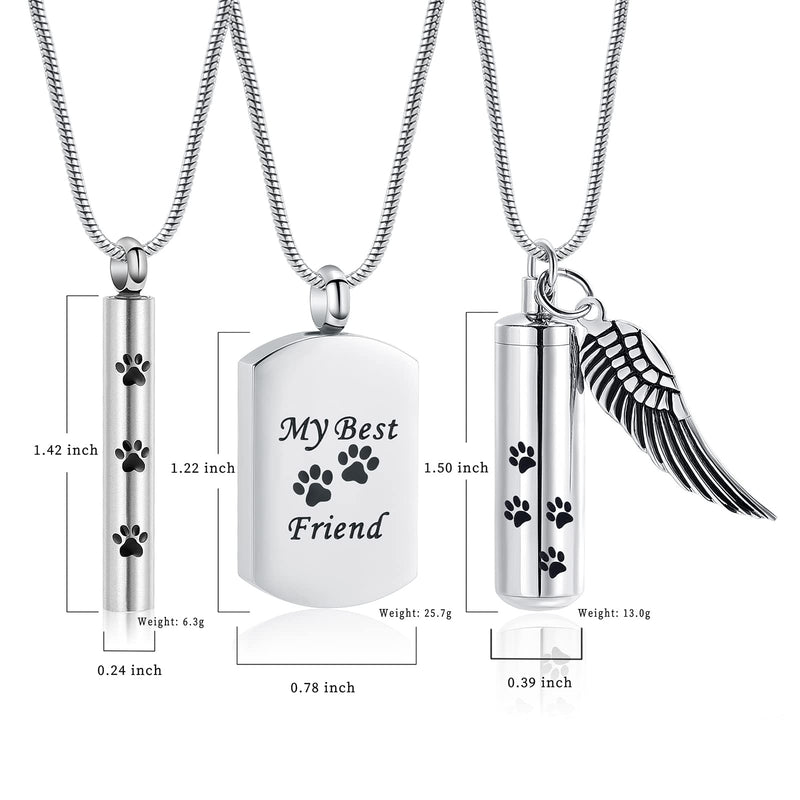 AIWENXI 3 Pieces Paw Print Urn Necklace for Ashes for Women Men Cylinder Pet Cremation Jewelry Dog Cat Memorial Ashes Pendant Silver - BeesActive Australia