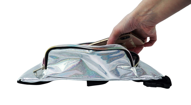 Home-X Holographic Fanny Pack-Cute Waist Bags with Adjustable Belt for Rave, Festival- Silver Sparkle Fanny Pack, Running Belt, Waterproof Bum Bag with Pockets - BeesActive Australia