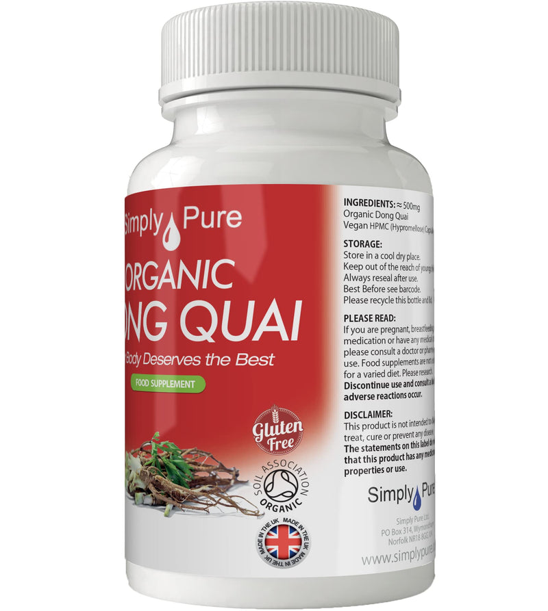Simply Pure Organic Vegan Dong Quai Capsules x 90, 100% Natural Soil Association Certified, 500mg, Gluten Free and GM Free - BeesActive Australia