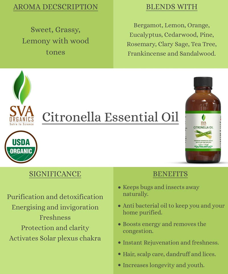 SVA Organics Citronella Essential Oil Organic USDA 4 Oz Pure Natural Therapeutic Grade Oil for Skin, Body, Diffuser, Candle Making - BeesActive Australia