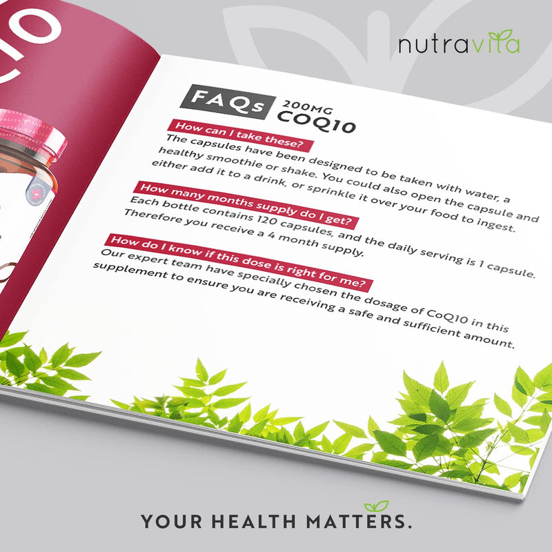 CoQ10 200mg - 120 Vegan Capsules of High Strength Co Enzyme Q10 (4 Months Supply) - 100% Pure and Naturally Fermented Ubiquinone Coenzyme - No Synthetic Additives - Made in The UK by Nutravita 120 Count (Pack of 1) - BeesActive Australia