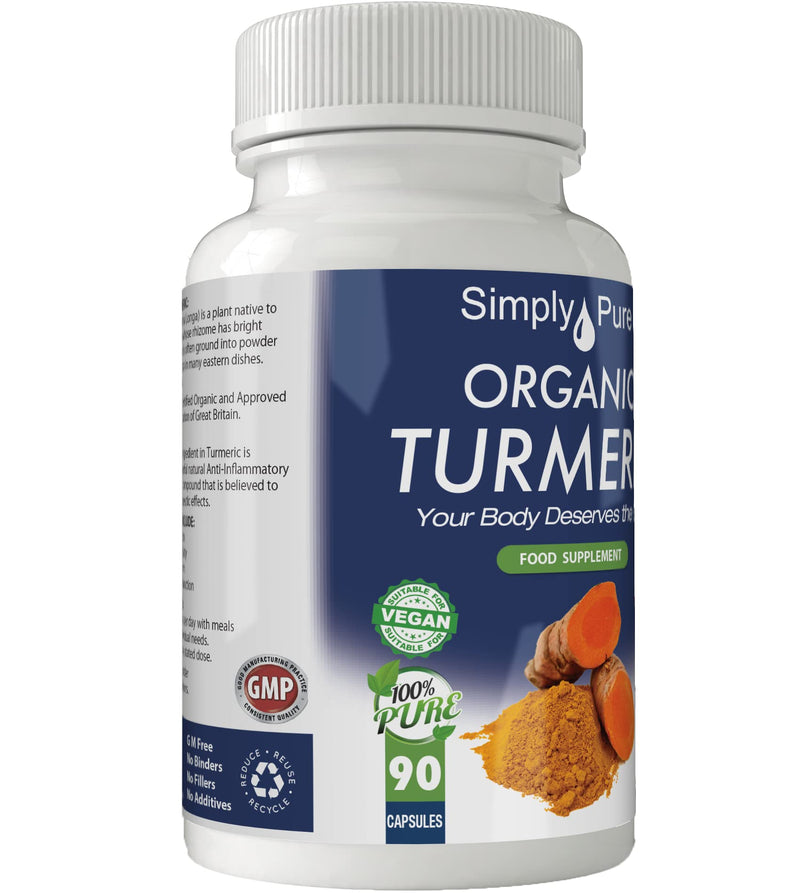 Simply Pure Organic Turmeric Capsules x 90, 600mg, 100% Natural Soil Association Certified, Gluten Free, GM Free and Vegan. - BeesActive Australia