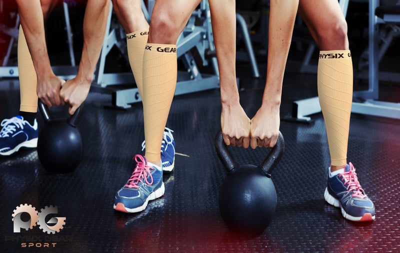 Calf Compression Sleeve Men & Women - Shin Splints Support, Footless Compression Socks for Calf Support, Achilles Tendon Support, Leg Cramps, Varicose Veins, Maternity, Nurses (1 Pair) S/M | 12" - 16" Calf Nude Beige - 1 Pair - BeesActive Australia