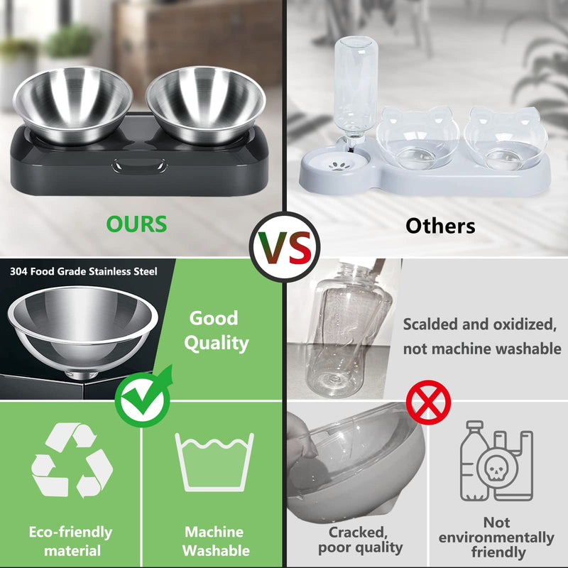 PewinGo Cat Bowl with Stainless Steel, Non-Slip Silicone Mat Cat Feeder with 0 &15° Tilting Neck Protective Bowl for Pets, Cats and Puppies Food and Water Feeding Double Bowl - BeesActive Australia