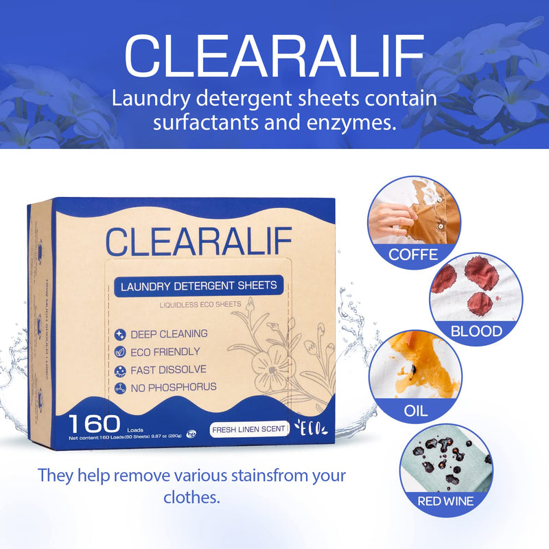 CLEARALIF Laundry Detergent Sheets Up to 160 Loads, Fresh Linen - Great For Travel,Apartments, Dorms,Laundry Detergent Strips Eco Friendly & Hypoallergenic 1 PACK - BeesActive Australia