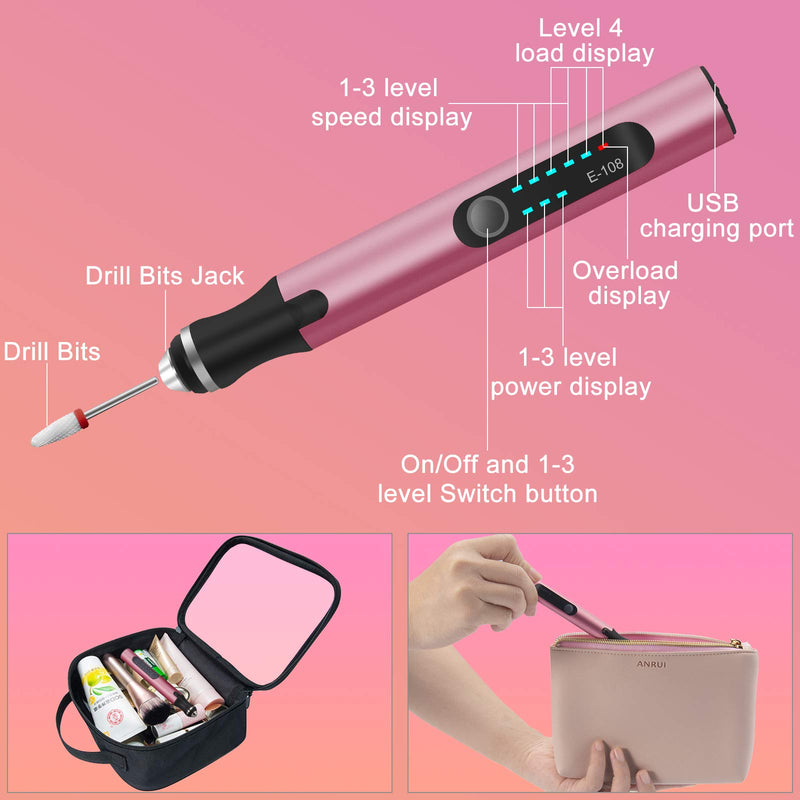 Electric Nail Drill, Cordless Aryclic Nail File Machine for Manicure Pedicure Professional Salon Nail Tool Kit with Metal & Ceramic Drill Bits MJB-pink - BeesActive Australia