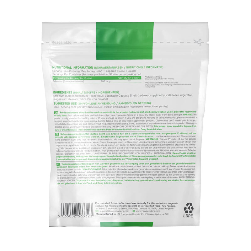 Selenium 200 mcg 60 Capsules High Strength � Selenium Vegan Supplement � Selenium Supplements � Acts as Powerful Antioxidant - Thyroid Function, Immune System, Hair, and Nails Support by Raw Powders - BeesActive Australia