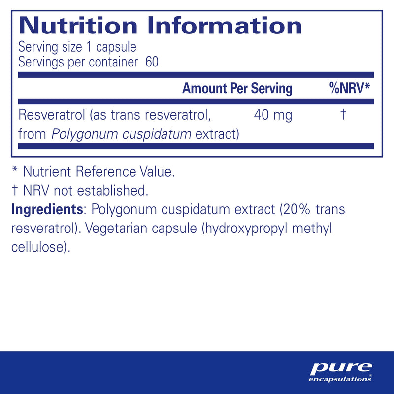 Pure Encapsulations - Resveratrol 40mg - Natural Plant-Source Resveratrol Supplement - 60 Vegetarian Capsules - BeesActive Australia