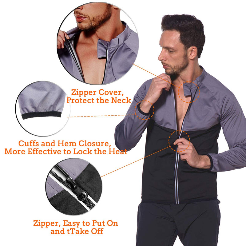 NINGMI Sauna Suit for Men Sweat - Zipper Long Sleeve Workout Jackets Mens Gym Lose Belly Fat Slimming Shirt Fitness gray Small - BeesActive Australia