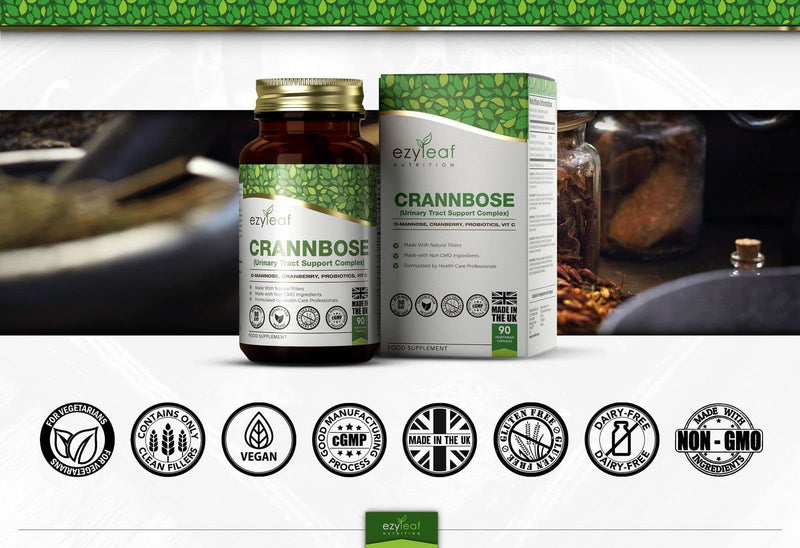Ezyleaf CrannBose D Mannose Capsules + Probiotics CrannBerry Extract Vitamin C | 90 DMannose Capsules | D-Mannose 500mg, Lactobacillus Acidophilus Probiotic | Vegan & Allergen Free | UK ISO Certified - BeesActive Australia