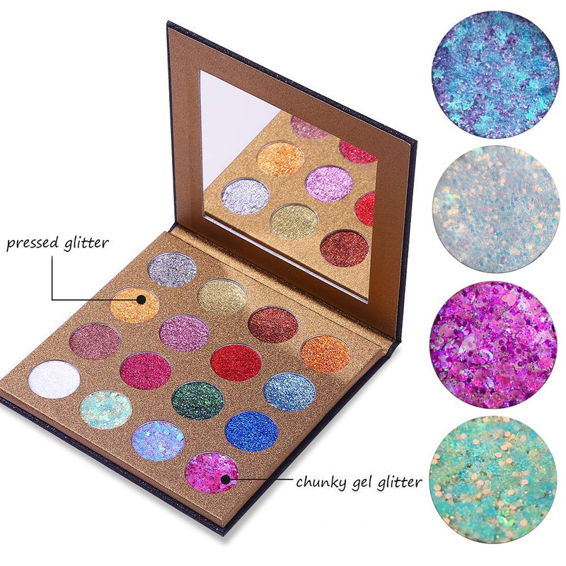 UCANBE Pro Glitter Eyeshadow Palette - Professional 16 Colors - Chunky & Fine Pressed Glitter Eye Shadow Powder Makeup Pallet Highly Pigmented Ultra Shimmer for Face Body - BeesActive Australia