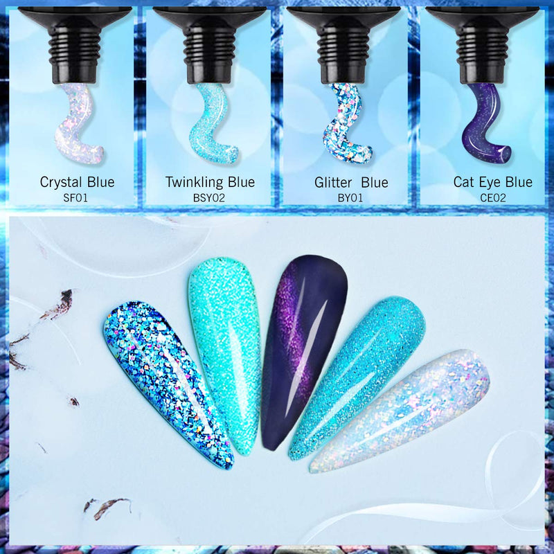 Saviland Poly Nails Gel Kit - Glitter and Cat Eye Blue Nail Extension Gel 7 Colors Builder Nail Gel Thickening Solution Gel for Starter and Professional (Blue Series) Blue Series - BeesActive Australia