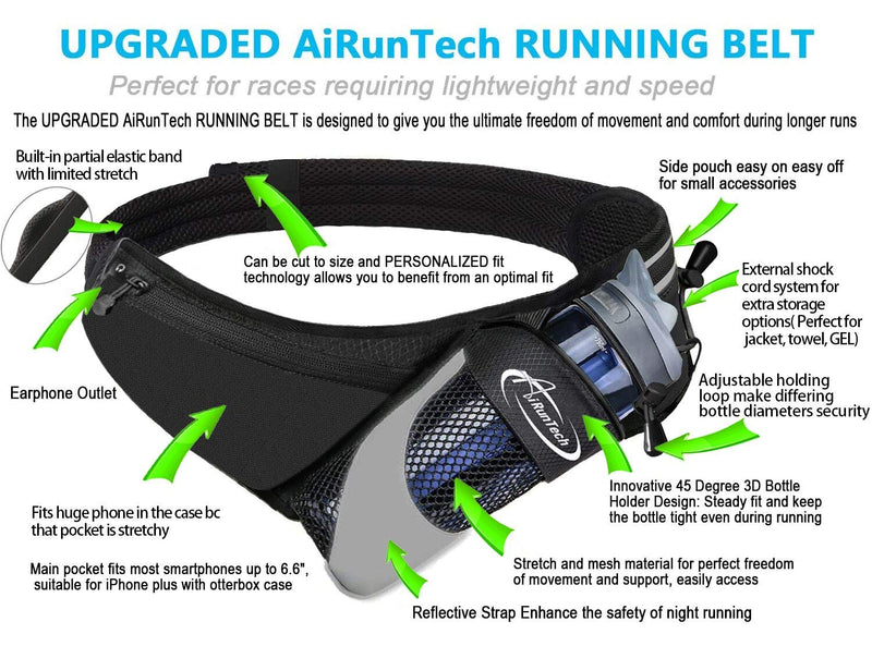 AiRunTech Upgraded No Bounce Hydration Belt Can be Cut to Size Design Strap for Any Hips for Men Women Running Belt with Water Bottle Holder with Large Pocket Fits Most Smartphones (Black) - BeesActive Australia