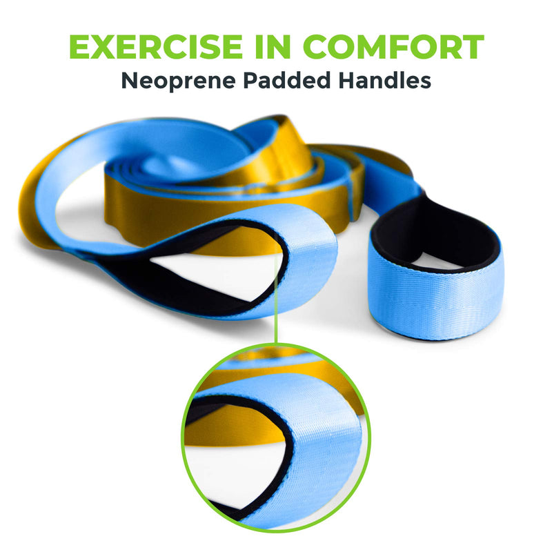 Gradient Fitness Stretching Strap, Premium Quality Multi-Loop Strap, Neoprene Padded Handles, 12 Loops, 1.5" W x 8' L Blue/Gold - BeesActive Australia