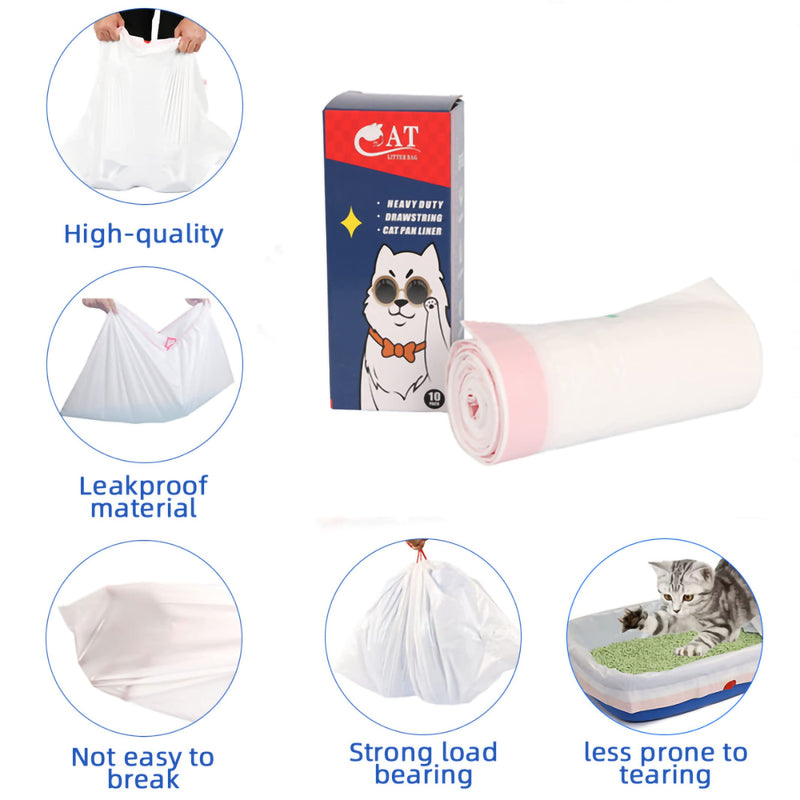 Cat Litter Box Liners Disposable Drawstring Poop Bags 10 Count/Box,Easy To Clean, Leak-Proof, Thickened Durable, Heavy Duty,Less Prone To Tearing,Unscented (XL), White - BeesActive Australia