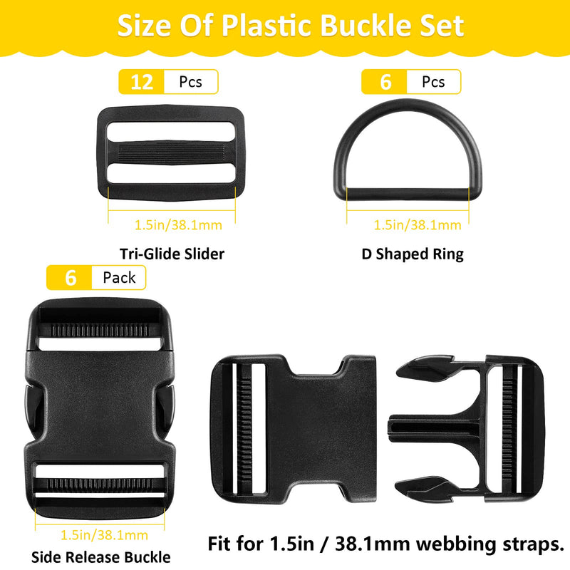 Adjustable Plastic Buckles 6 Set（24 Pack), 6 Pcs Quick Side Release Buckle Dual & 6 Pcs D ring & 12 Pcs Tri-glide Slide Clip 1.5 Inch Buckles 6 Set - BeesActive Australia