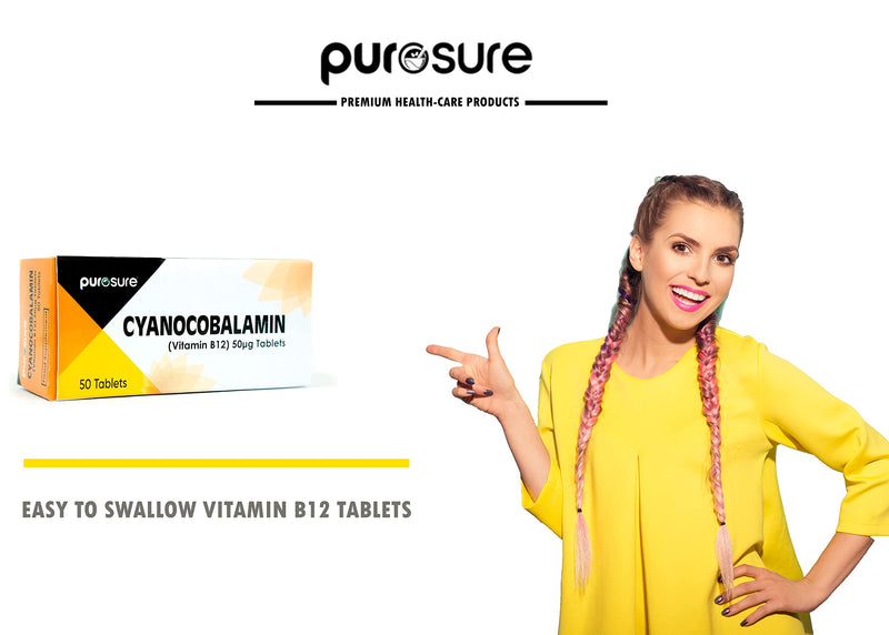 PuroSure Vitamin B12-50 Tablets (7 Weeks Supply) � Cyanocobalamin B12 50mcg Supplement - Contributes to The Reduction of Tiredness and Fatigue - BeesActive Australia