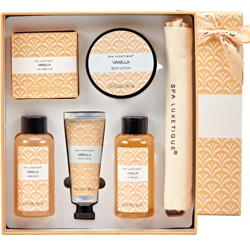Spa Luxetique Spa Gift Box for Women, Vanilla Spa Gift Basket, 6 Pcs Bath and Body Gift Set Includes Body Lotion, Shower Gel, Bubble Bath, Hand Cream, Travel Bag. Best Gift Set for Women. - BeesActive Australia