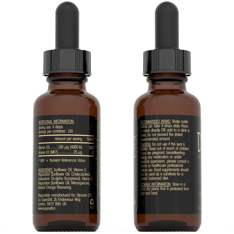 Vitamin D Drops - Vitamin D3 K2 Liquid Supplement for Adults - High Strength Vitamin D 4000 IU & Vitamin K2 25mcg Dose - 30ml 600 Drops - Vitamin D Liquid 1000IU per Drop - Vegetarian - Natural Orange - BeesActive Australia