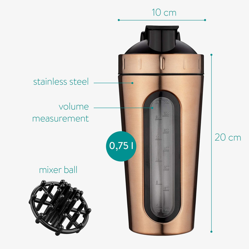 Navaris Stainless Steel Protein Shaker - 750ml Metal Nutrition Protein Fuel Drink Bottle with Mixer Blend Ball - 0.75 Litre Protein Shaker - Copper 750 ml (Pack of 1) Metallic Copper - BeesActive Australia