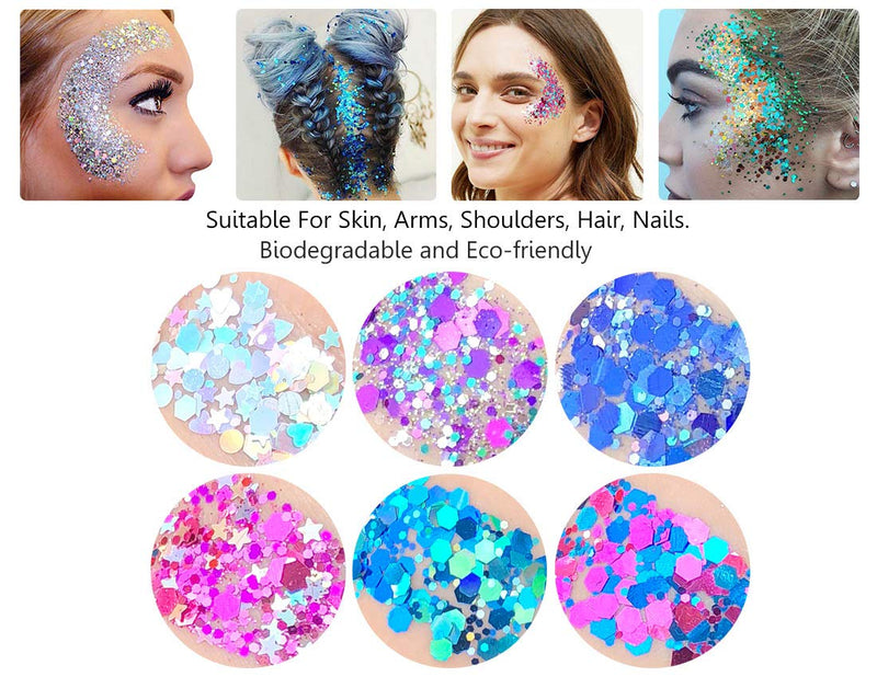 HITOP Cosmetic Glitter for Nail Face and Body,6 Colors 113g 3.99oz Holographic Chunky Glitter for Crafts Resin Tumblers Hair Eyeshadow 6 Colors - BeesActive Australia