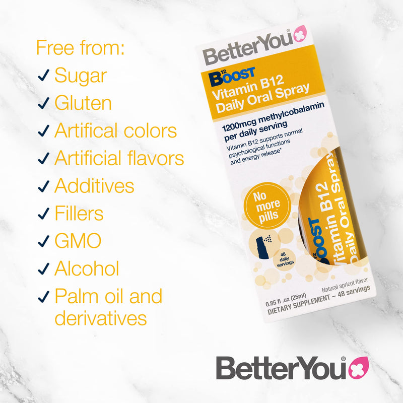BetterYou Boost Vitamin B12 Daily Oral Spray, Pill-free Vitamin B12 Supplement for Energy Boost, 48-day Supply, Made in the UK, Natural Apricot Flavour - BeesActive Australia