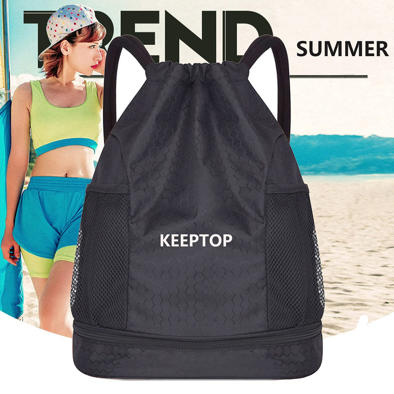 Waterproof Backpack Training Gymsack Drawstring Strap Lightweight Dry Wet Depart Daypack Casual Bags for Gym Shopping Swimming Yoga Sport Shoulder Rucksack (Black) Black - BeesActive Australia