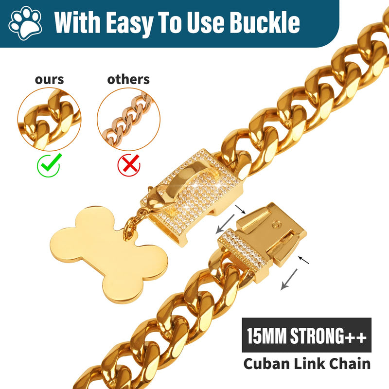Gold Dog Chain Collar, Singda 18K Cuban Link Chain with Safety Buckle Lock, Strong Stainless Steel Metal Links, Walking Training Collars Necklace for Puppy Small Medium Large Dogs S (Adjustable Size of 10"-16") - BeesActive Australia