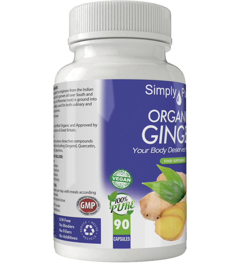 Simply Pure Organic Vegan Ginger Capsules x 90, 500mg, 100% Natural Soil Association Certified, Gluten Free and GM Free - BeesActive Australia