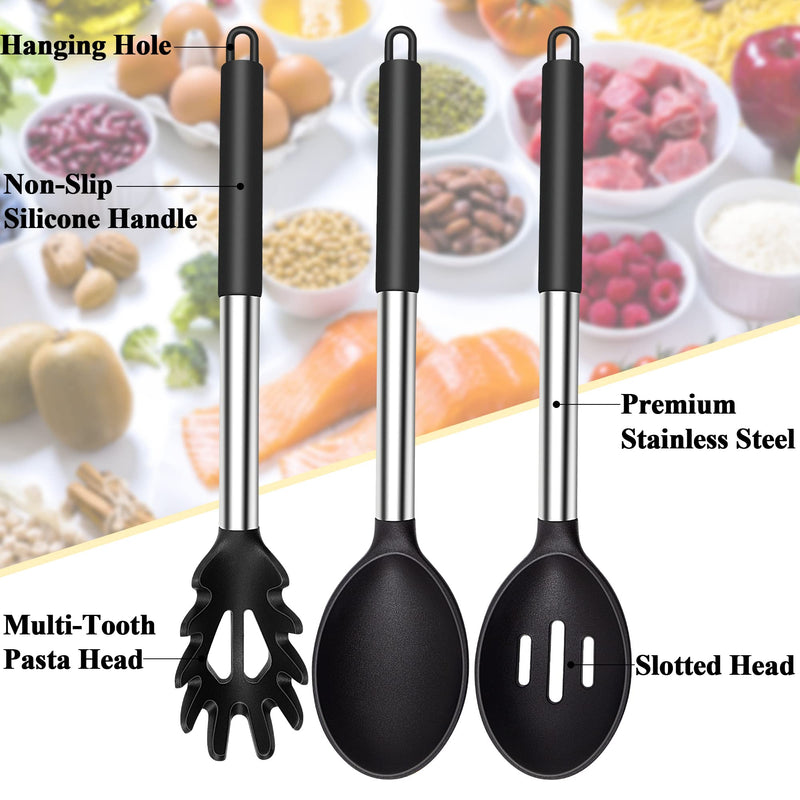 Silicone Cooking Spoons, Large Heat Resistant Silicone Pasta Slotted Spoon Solid Spoon for Nonstick Cookware, BPA Free Black Silicone Kitchen Spoons Dishwasher Safe for Cooking Mixing Serving, 3 Pack 13 inch silicone cooking Spoons - BeesActive Australia