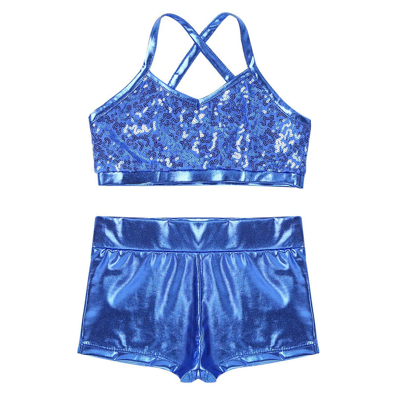 YOOJIA 2PCS Kids Girls Athletic Dance Outfits Shiny Sequins Ballet Dancewear Cami Training Bra Top with Gymnastic Shorts Light_blue 10-12 - BeesActive Australia