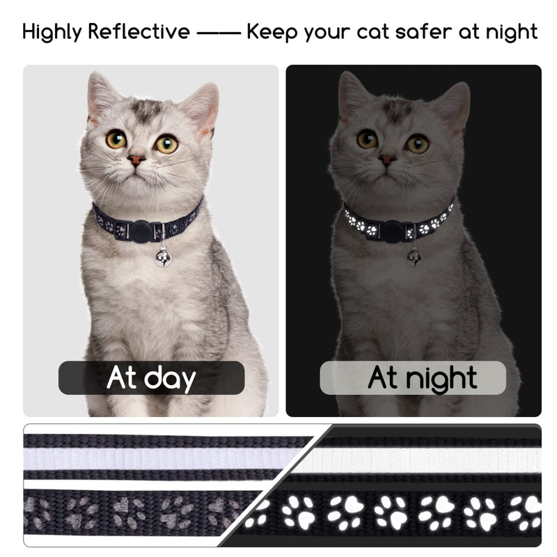 Nobleza Kitten Collar with Bell, 2 Pack Breakaway Cat Collars with Safe Quick Release Buckle, Paw Print & Strip Reflective Adjustable Soft Pet Collar Black - BeesActive Australia