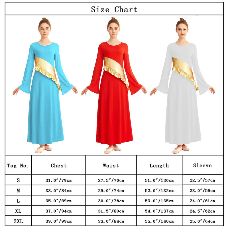 [AUSTRALIA] - MYRISAM Women Metallic Gold Liturgical Praise Worship Long Sleeve Dress Full Length Loose Fit Ruffle Pleated Dancewear Red Medium 