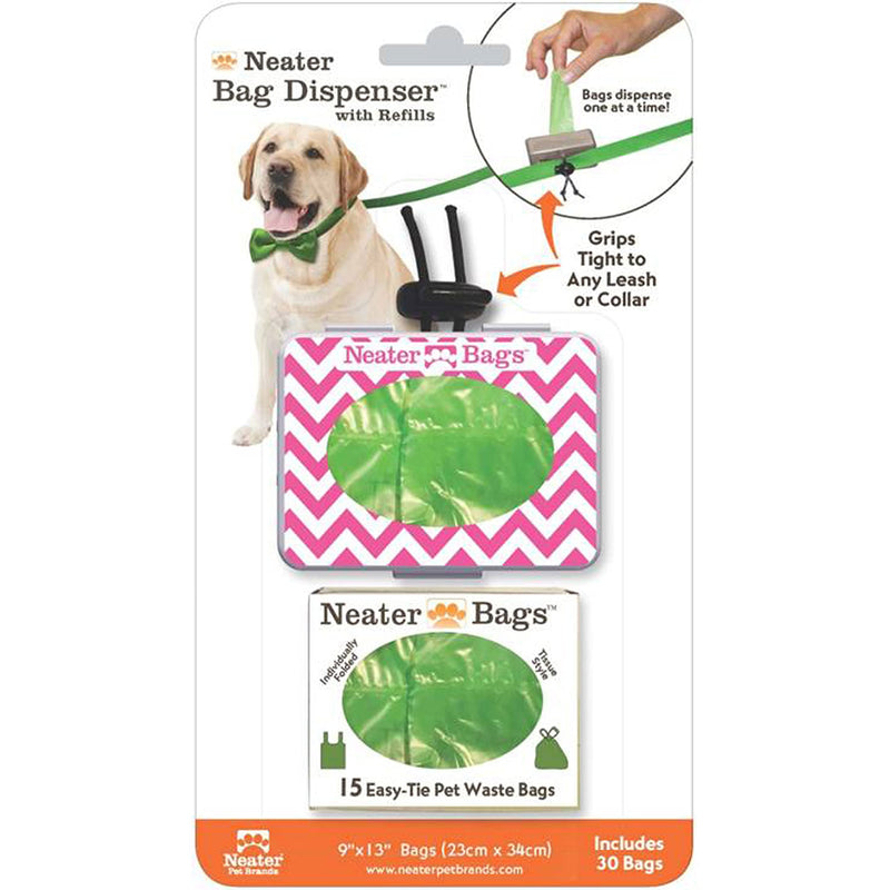 Neater Pets Neater Bags - Dog Waste Poop Bags - Dispense One at a Time Like Tissues - No Rolls to Fuss With - Easy-Tie Handles - Dispenser Attaches to any Leash (210 Bags, Chevron Pink) 210 Bags + Pink Dispenser - BeesActive Australia