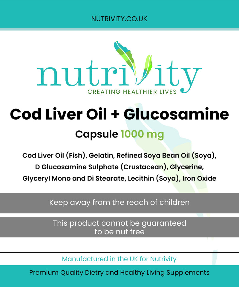 Cod Liver Oil & Glucosamine 1000mg Capsules for Joint Health with Omega 3 by Nutrivity UK 120 Caps - BeesActive Australia