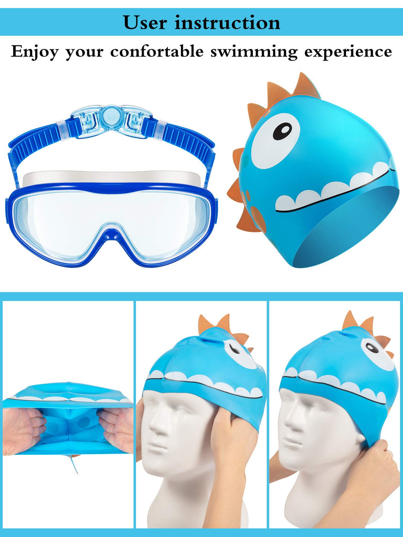 [AUSTRALIA] - Kids Swim Goggles Kids Swim Cap Set, Kids Swimming Goggles Wide Vision Swim Glasses Silicone Fun Swim Caps Waterproof Swimming Hats for Children Boys and Girls Blue 