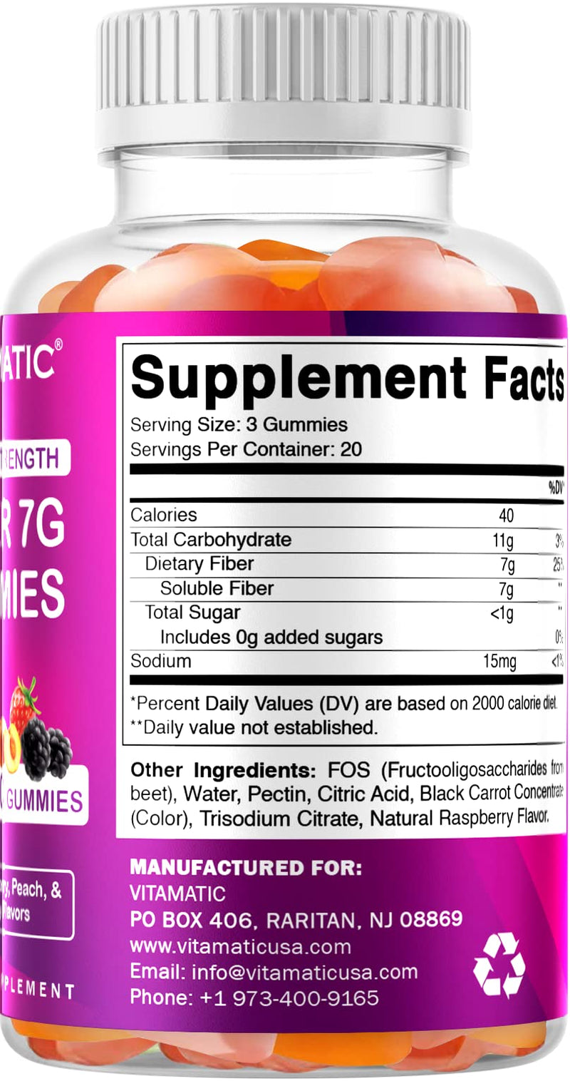 Vitamatic Prebiotic Fiber Gummies for Adults - 7G Fiber Extra Strength - Zero Sugar Added - 60 Pectin Based Gummies - Digestive Health & Regularity Support 60 Count (Pack of 1) - BeesActive Australia